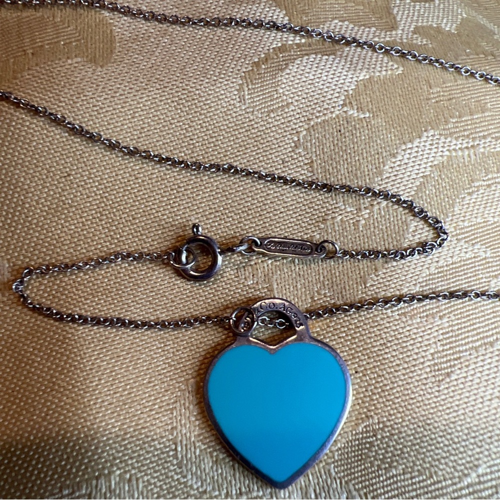 Return to Tiffany & Co. Blue enamel heart tag pendant charm S S 18” necklace